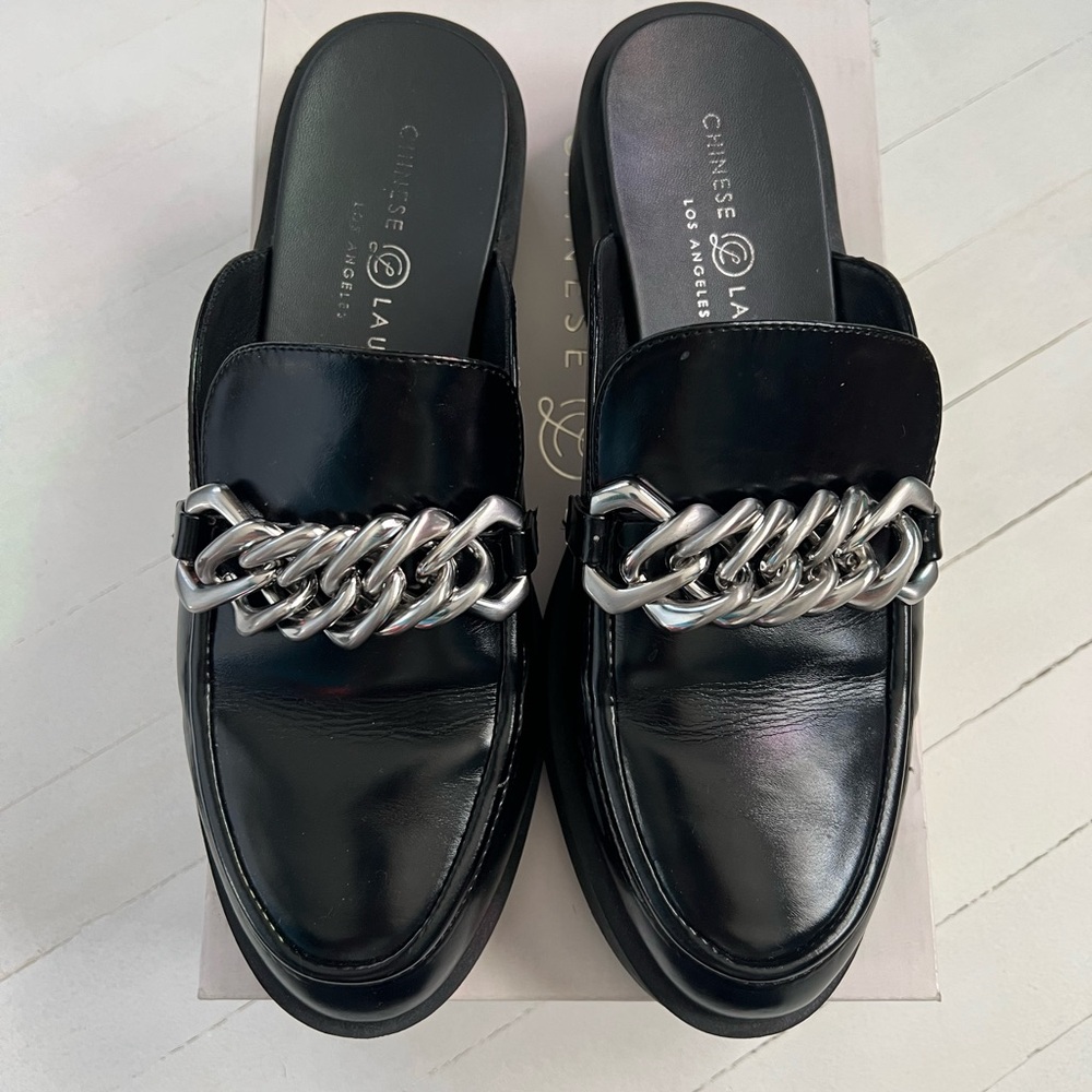 Black Loafers with Silver Chain Accent